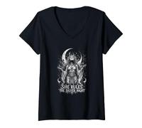 Femme Elle règne sur la prêtresse Lunaire Silver Night T-Shirt avec Col en V