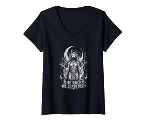 Femme Elle règne sur la prêtresse Lunaire Silver Night T-Shirt avec Col en V