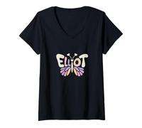 Femme Elliot Butterfly - Word Art personnalisé avec nom Mignon T-Shirt avec Col en V