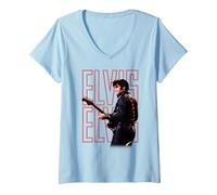 Femme Elvis Presley Official 68 Comeback Special T-Shirt avec Col en V, Bleu Céleste, XL