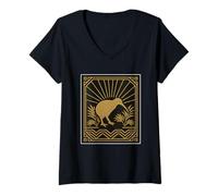 Femme Emblème Art Déco Kiwi Sunburst T-Shirt avec Col en V