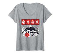 Femme Emblème de Fleur du Mont Fuji Vagues Symbole Japonais Art T-Shirt avec Col en V