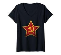 Femme Emblème du Marteau Faucille étoile Rouge soviétique CCCP Vieilli T-Shirt avec Col en V