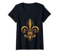 Femme Emblème héraldique élégant en Forme de Fleur de lys avec parchemins ornés T-Shirt avec Col en V