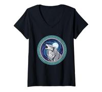 Femme Emblème Loup Mythique et Lune T-Shirt avec Col en V