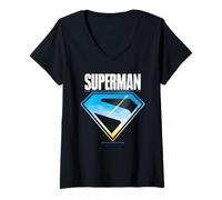 Femme Emblème Superman Bouclier Coucher de Soleil Ciel Icône Diamant Logo T-Shirt avec Col en V