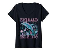 Femme EMERALD ISLE NC DAUPHIN COLORÉ PLAGE SOUVENIR T-Shirt avec Col en V