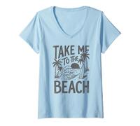 Femme Emmenez-Moi à la Plage, Palm Tree Surf Sunset Retro Vacation T-Shirt avec Col en V