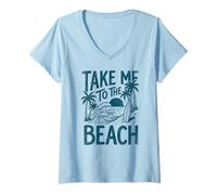 Femme Emmenez-Moi à la Plage, Palm Tree Surf Sunset Retro Vacation T-Shirt avec Col en V
