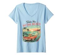 Femme Emmenez-Moi à la Plage Retro Sunset Drive T-Shirt avec Col en V