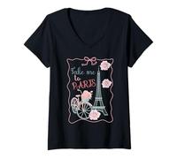 Femme Emmenez-Moi à Paris, Tour Eiffel et vélo avec Roses Mignon T-Shirt avec Col en V