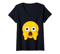 Femme Emoji Officiel Fear Scream Jaune Sourire Visage Halloween T-Shirt avec Col en V