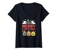 Femme Émoticônes de Noël rétro Pixels T-Shirt avec Col en V