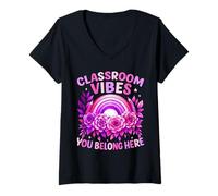 Femme Empowered Women Teach with Love - Citation Arc-en-Ciel pour Salle de Classe T-Shirt avec Col en V