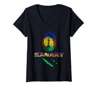 Femme Empreinte Digitale Drapeau Nouvelle-Calédonie Kanaky T-Shirt avec Col en V