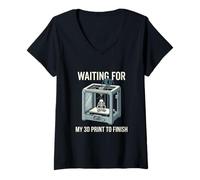 Femme en Attendant Mon Impression 3D pour Terminer Un Design Amusant de créateur T-Shirt avec Col en V