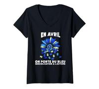 Femme en Avril on Porte du Bleu Autisme Autiste Cadeau T-Shirt avec Col en V