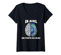 Femme en Avril on Porte du Bleu Autisme Autiste T-Shirt avec Col en V