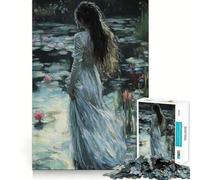 Femme en Blanc près des nénuphars Puzzle 1000 pièces Jeu de réflexion de qualité supérieure,découpé au Laser Exercice Mental Calme à Faire à la Maison (38x52cm)