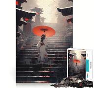 Femme en Kimono avec Parapluie dans Un escalier Puzzle Adulte 1000 pièces Jeu de Stimulation Cognitive Conception sans Espace Cadeau d'anniversaire Casse-tête (50x75cm)