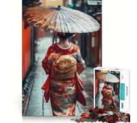 Femme en Kimono Marchant au Japon Puzzle Adulte 1000 pièces Jeu de Stimulation Cognitive Conception ajustée sans Espace Cadeau d'anniversaire Casse-tête (50x75cm)