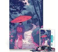 Femme en Kimono Marchant sous la Pluie Puzzle de 1000 pièces Jeu de réflexion Amusant Pièces précises et sans Couture Passe-Temps Fascinant pour Les Moments de détente (38x52cm)