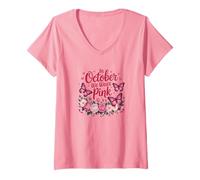 Femme en Octobre, Nous portons de Jolies Fleurs de Papillons Roses pour Femmes et Filles T-Shirt avec Col en V