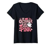 Femme en Octobre, Nous portons des citrouilles fantômes Roses T-Shirt avec Col en V