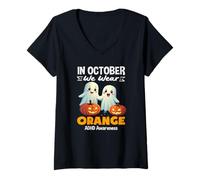 Femme en Octobre, Nous portons des fantômes Mignons Oranges pour Halloween TDAH T-Shirt avec Col en V
