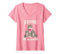 Femme en Octobre, Nous portons la Sensibilisation au Cancer du Sein Rose avec Un Chat T-Shirt avec Col en V