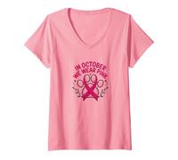 Femme en Octobre, Nous portons Pink Paw of Hope pour la Sensibilisation au Cancer du Sein T-Shirt avec Col en V