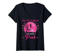 Femme en Octobre, Nous portons Un Cancer du Sein Rose Halloween sorcière T-Shirt avec Col en V