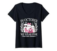 Femme en Octobre, Nous portons Un Ruban Rose pour sensibiliser au Cancer du Sein T-Shirt avec Col en V