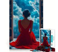 Femme en Robe Rouge contemplant Les Nuages Puzzle Adulte 1000 pièces Jeu de Stimulation Cognitive Conception sans Espace Cadeau d'anniversaire Casse-tête (38x52cm)