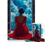 Femme en Robe Rouge contemplant Les Nuages Puzzle de 1000 pièces pour Adultes Exercice Mental Découpe de précision Bords Lisses Activité relaxante à Partager en intérieur (50x75cm)