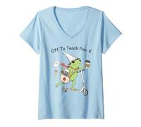 Femme en Route pour enseigner à Frog, Professeur de Maternelle, Une drôle de rentrée Scolaire T-Shirt avec Col en V