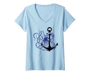 Femme Encre Crake Ancre Tatouage mer Vacances Bleu Cool T-Shirt avec Col en V