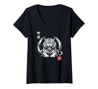 Femme Encre Japonaise avec Esprit Tigre et Puissance T-Shirt avec Col en V