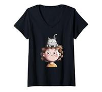 Femme Enfant avec un ami chat sur la tête T-Shirt avec Col en V