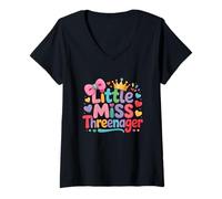 Femme Enfant Little Threenager Threenager Anniversaire Fille 3 Ans T-Shirt avec Col en V