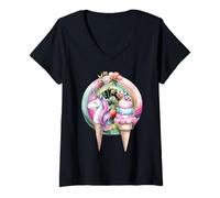 Femme Enfants Filles Adolescents Licorne Glace Glace Femme Eiscrem T-Shirt avec Col en V
