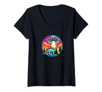 Femme Enlèvement de vaisseaux spatiaux extraterrestres par Un Dinosaure stégosaure T-Shirt avec Col en V