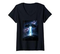Femme Enlèvement d'OVNI Dramatique Conspiration Cosmique Extraterrestre Vaisseau Spatial T-Shirt avec Col en V