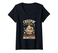 Femme Enseignant de 3e année Creepin It Real with My Monsters Mummy T-Shirt avec Col en V