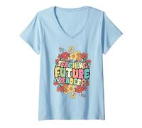 Femme Enseignant floral enseignant aux futurs leaders Retour T-Shirt avec Col en V