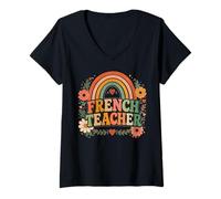 Femme Enseignant français rétro Arc-en-Ciel T-Shirt avec Col en V