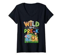 Femme Enseignant préscolaire pour Enfants Retour à l'école Wild About Pre-K T-Shirt avec Col en V