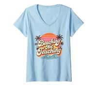Femme Enseignant Vacances d'été Plage Pas Enseignement Rétro Coucher de Soleil T-Shirt avec Col en V
