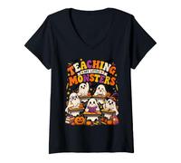 Femme Enseigner à Mes Petits Monstres Design de fantômes d'halloween T-Shirt avec Col en V