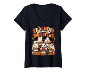 Femme Enseigner à Mes Petits Monstres Design de fantômes d'halloween T-Shirt avec Col en V